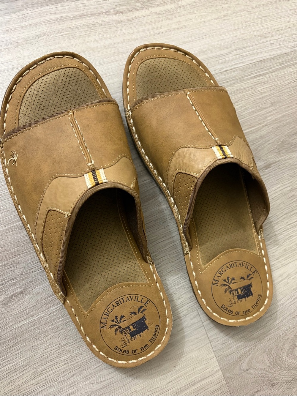 Margaritaville Tan Leather-Look Slip-On Loafers with Stripe Accent